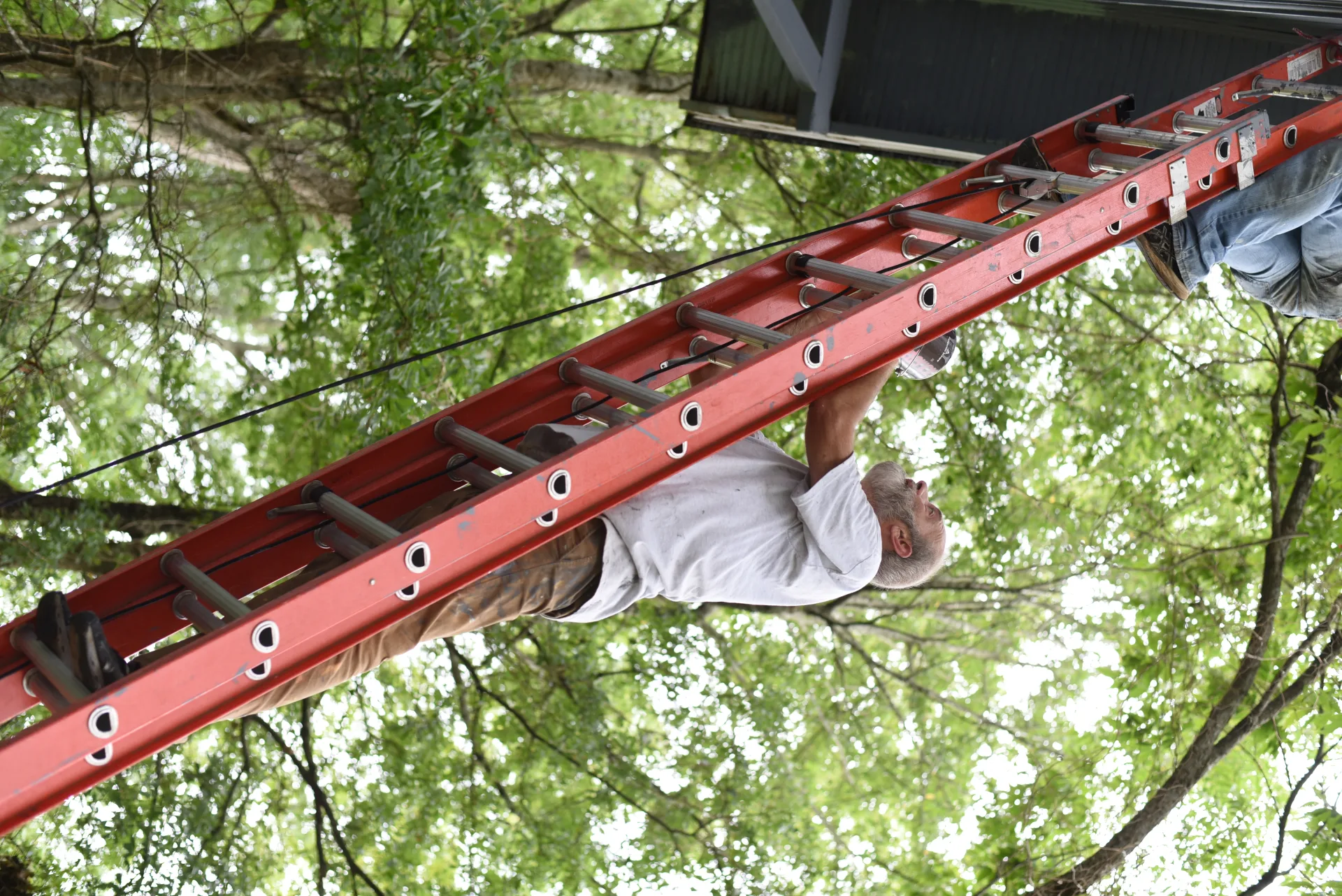 Volunteer painting house on ladder